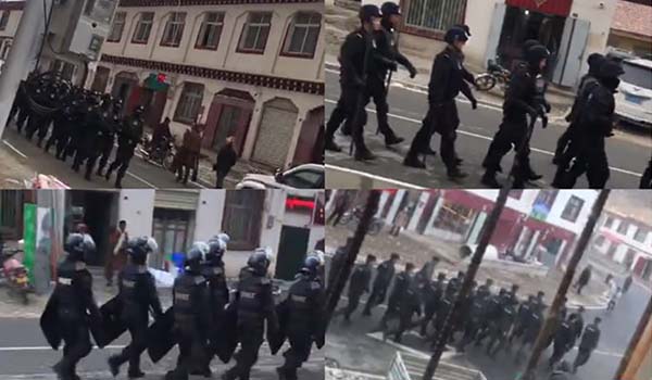 2021年3月，中國軍警在西藏石渠縣溫波鎮行走時的照片。照片：消息人士提供
